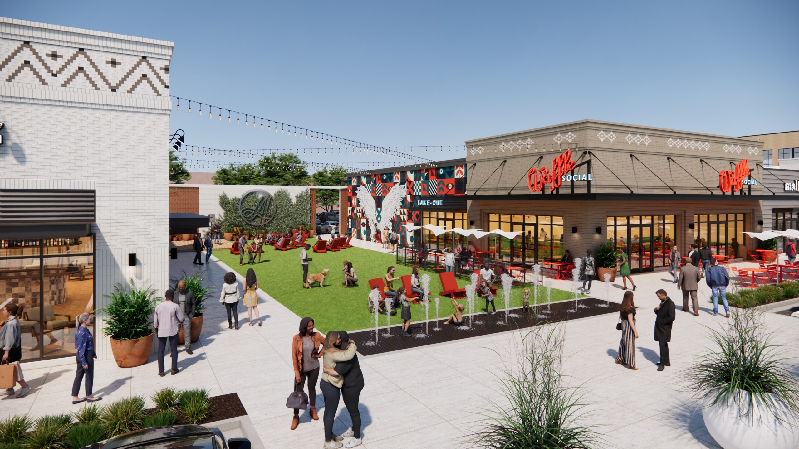 Outdoor plaza with lawn, fountain, seating, and restaurant patios filled with people socializing