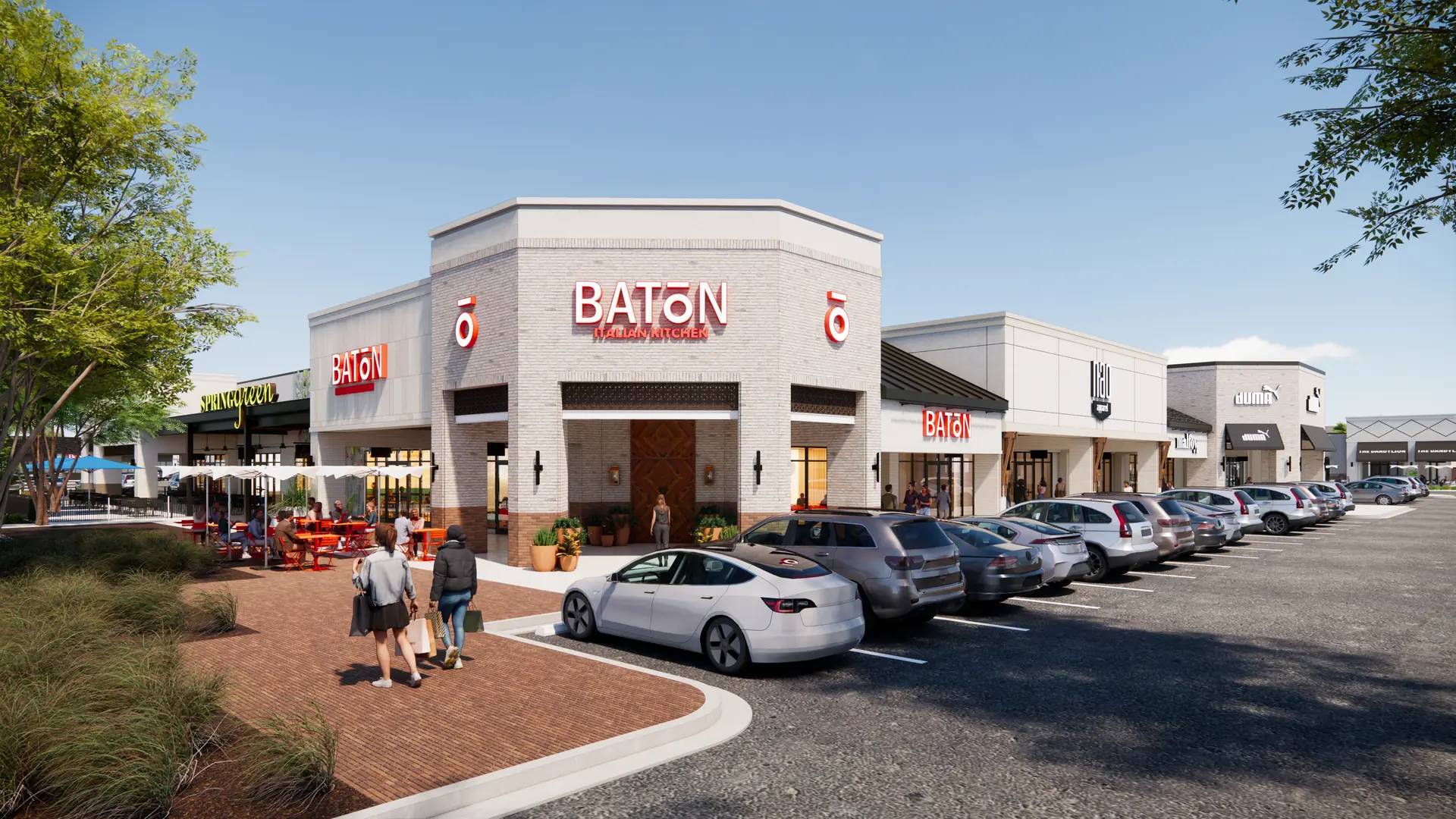 A modern architectural rendering of a vibrant shopping center featuring "Baton Italian Kitchen" with white brick, outdoor seating, and a busy parking lot under a clear blue sky.