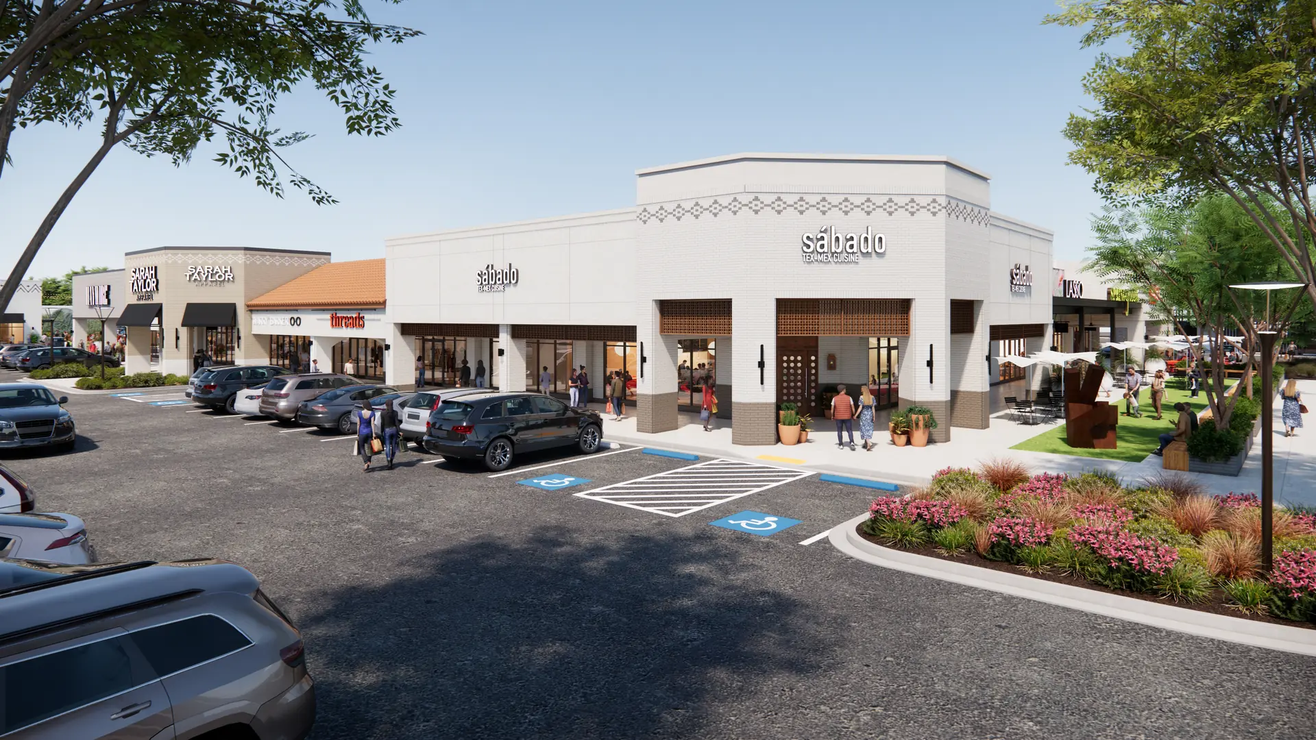 Modern rendering of "Sábado Tex-Mex Cuisine" in a bright white brick plaza with lush landscaping, shoppers, and a full parking lot under a clear sky.