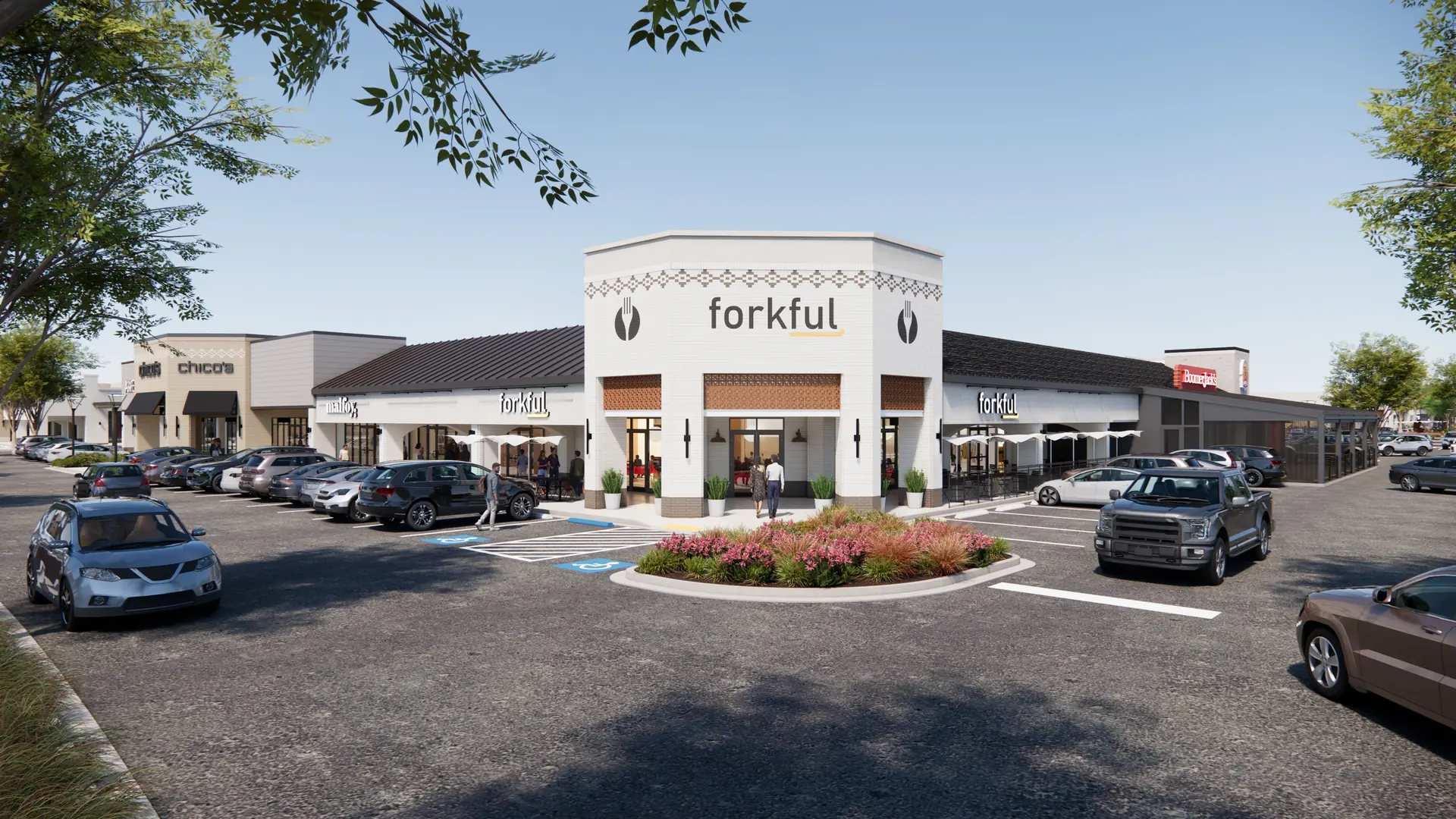 Modern architectural rendering of "Forkful" restaurant in a white brick shopping center with dark roofing, floral landscaping, and several cars in the parking lot.