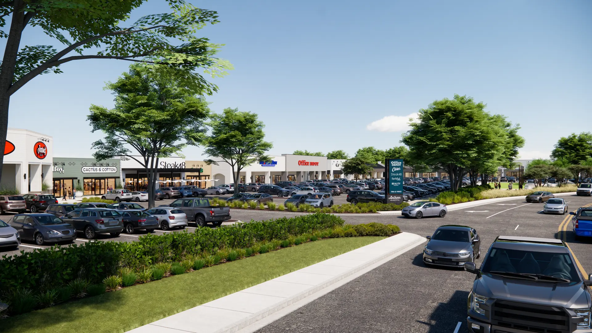 Modern architectural rendering of an upgraded shopping center with white facades, prominent "Steak 48" and "Office Depot" signage, lush green trees, and a busy parking lot under a clear sky.