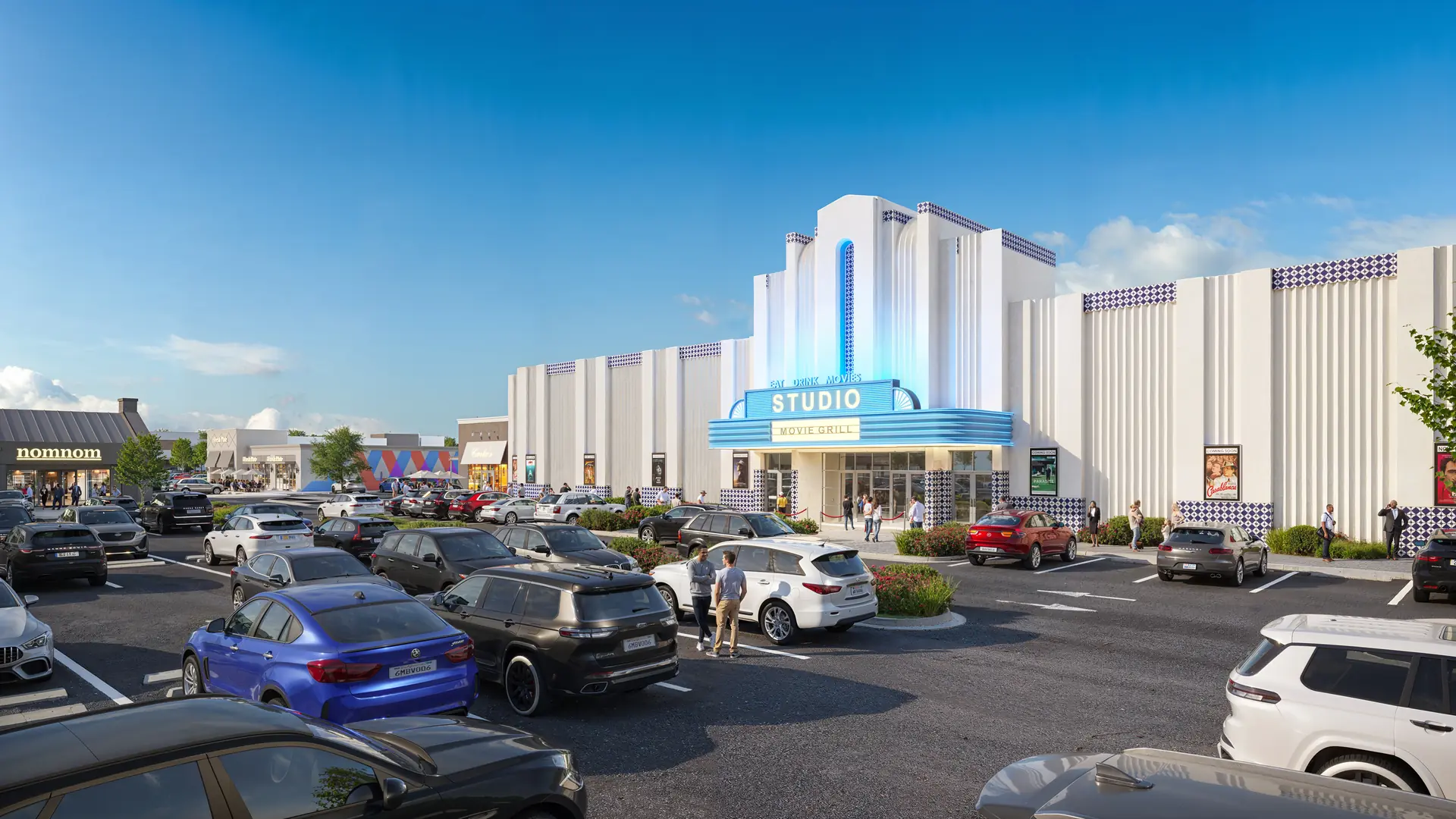 Modern architectural rendering of "Studio Movie Grill" with a bright white Art Deco facade, glowing blue neon accents, and a busy parking lot under a clear, sunny sky.